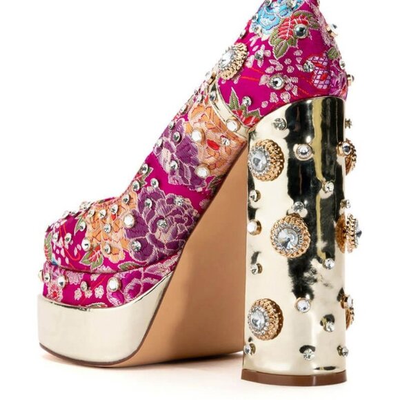 AZALEA WANG " EMBELISHED GEM JEWEL " SATIN PUMP IN PINK (BRAND NEW!) - Picture 3 of 7